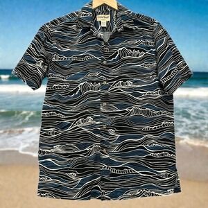 Cooke Street Hawaiian Aloha Shirt Mens M 100% Cotton Blue Black White Waves EUC